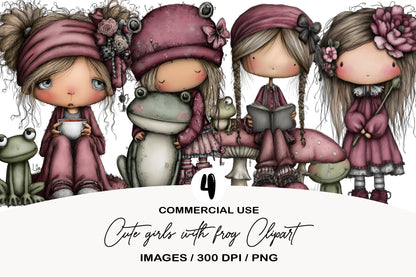 Cute Girls with Frog Clipart PNG Bundle | Adorable Watercolor Girl & Frog Clipart | Kawaii Frog Friends PNG