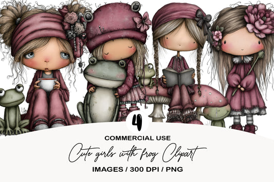 Cute Girls with Frog Clipart PNG Bundle | Adorable Watercolor Girl & Frog Clipart | Kawaii Frog Friends PNG