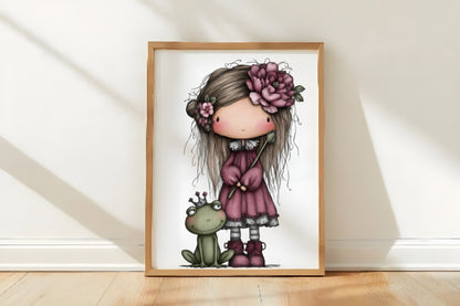 Cute Girls with Frog Clipart PNG Bundle | Adorable Watercolor Girl & Frog Clipart | Kawaii Frog Friends PNG