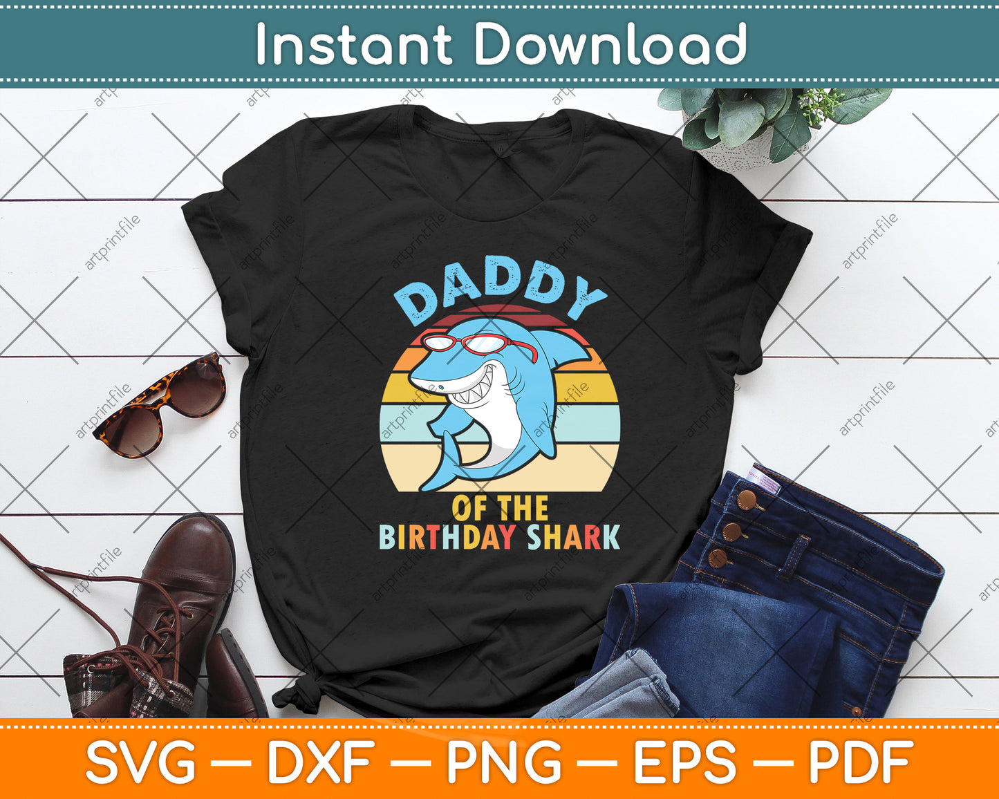 Daddy Of The Birthday Shark Retro Vintage Svg Digital Cutting File