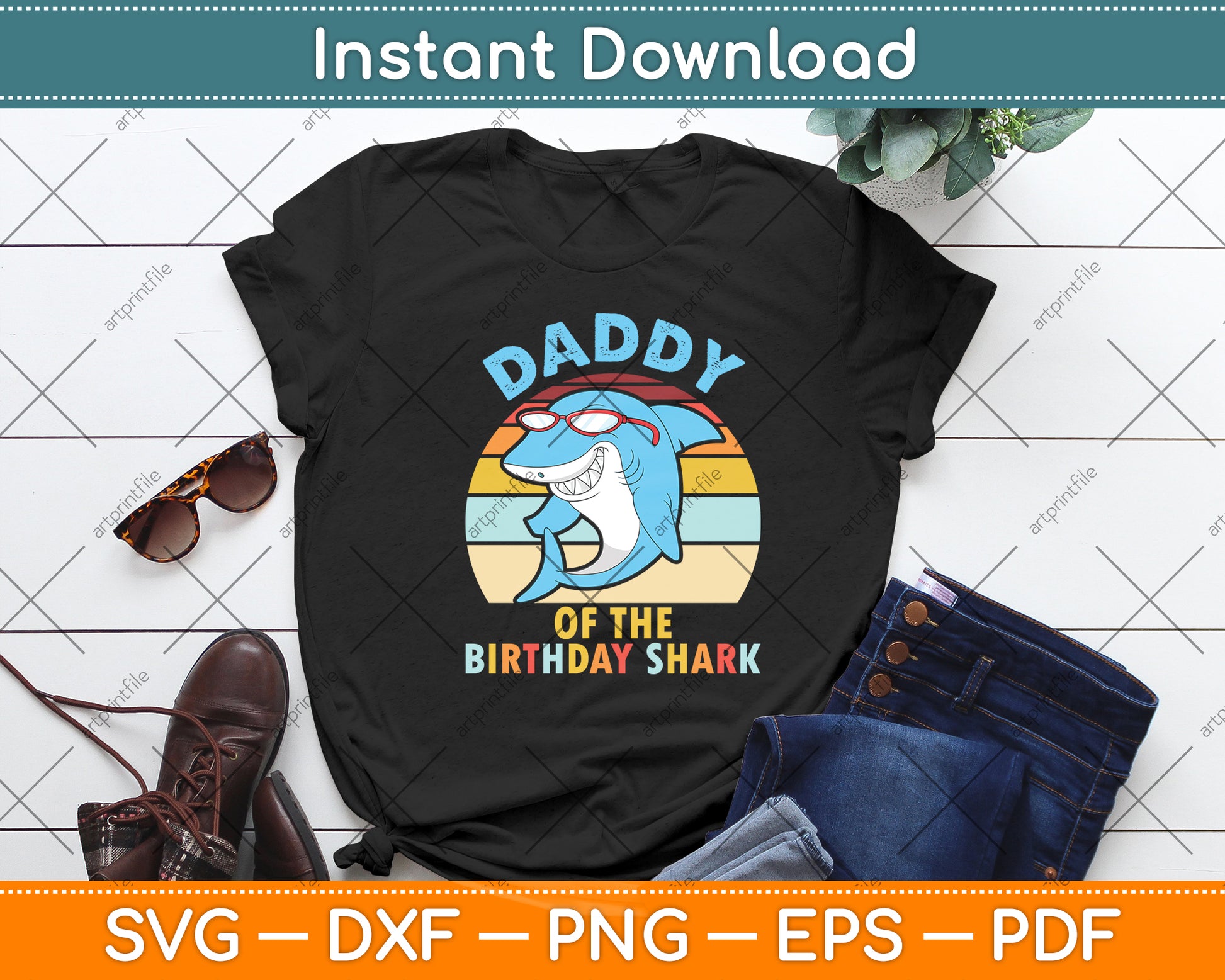 Daddy Of The Birthday Shark Retro Vintage Svg Digital Cutting File