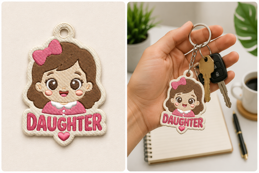 Daughter Keychain Embroidery Design – Cute Daughter Machine Embroidery Pattern, Daughter Key Fob & Bag Charm Embroidery Design