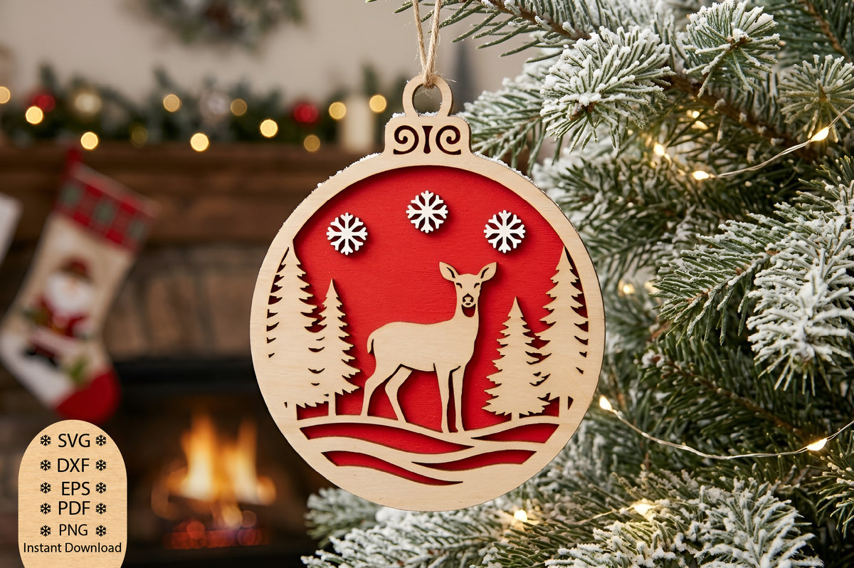 Deer Christmas Forest Ornament Laser Cut SVG, Reindeer Forest Ornament Cut File, Winter Deer Christmas SVG