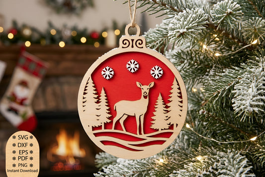 Deer Christmas Forest Ornament Laser Cut SVG, Reindeer Forest Ornament Cut File, Winter Deer Christmas SVG