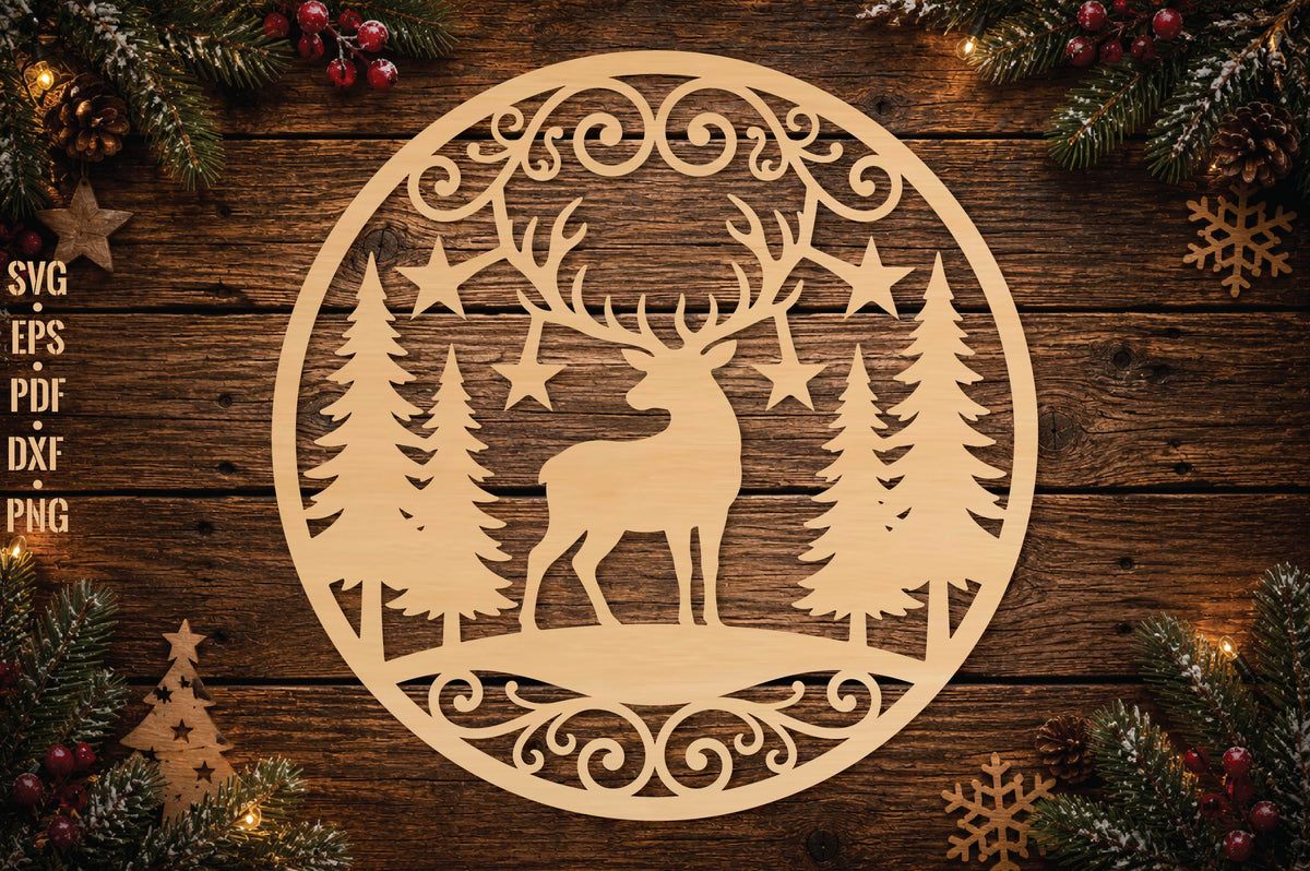 Deer Christmas Ornament Laser Cut SVG, Reindeer Forest Ornament Cut File, Winter Woodland Decor