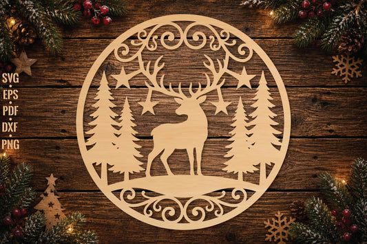 Deer Christmas Ornament Laser Cut SVG, Reindeer Forest Ornament Cut File, Winter Woodland Decor