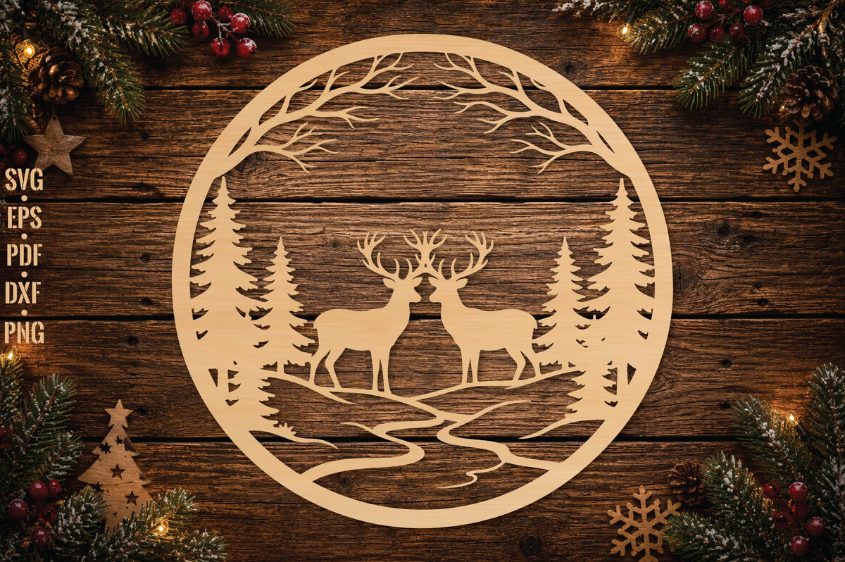 Deer Couple Christmas Ornament Laser Cut SVG, Reindeer Love Woodland Ornament Cut File