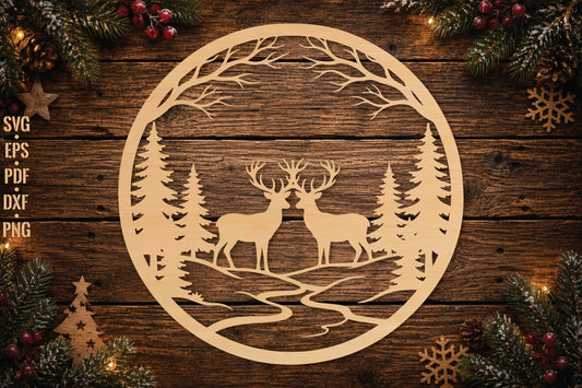 Deer Couple Christmas Ornament Laser Cut SVG, Reindeer Love Woodland Ornament Cut File