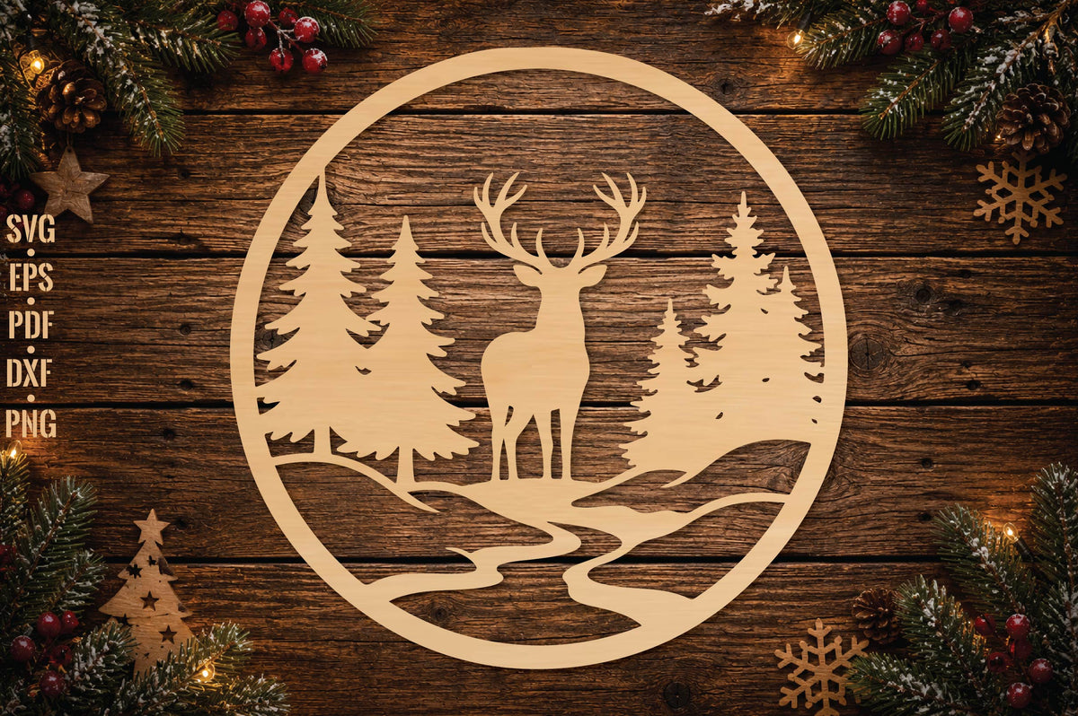 Deer Forest Christmas Ornament Laser Cut SVG, Reindeer Woodland Ornament Cut File