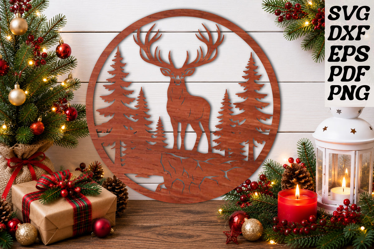 Deer Round Wood Sign SVG, Deer Christmas Ornament Laser Cut SVG