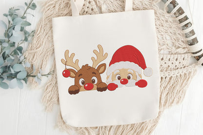 Deer and Santa Christmas Embroidery Design – Cute Santa & Reindeer Machine Embroidery Pattern, Festive Christmas Holiday Embroidery Design