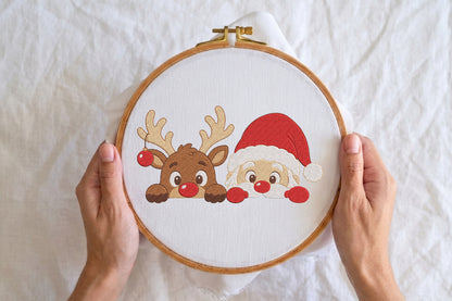 Deer and Santa Christmas Embroidery Design – Cute Santa & Reindeer Machine Embroidery Pattern, Festive Christmas Holiday Embroidery Design