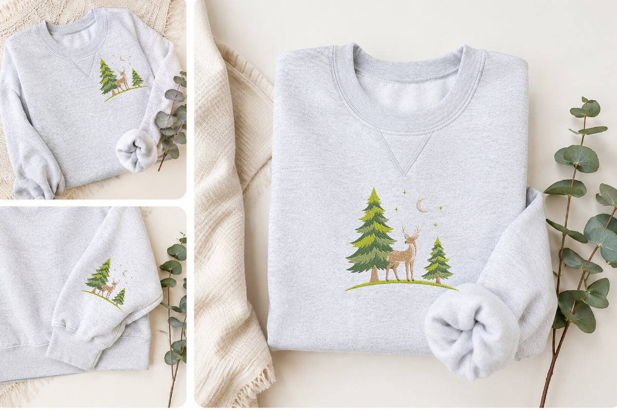 Deer in Pine Forest Embroidery Design