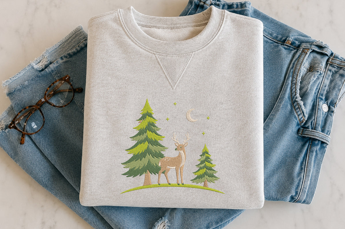 Deer in Pine Forest Embroidery Design