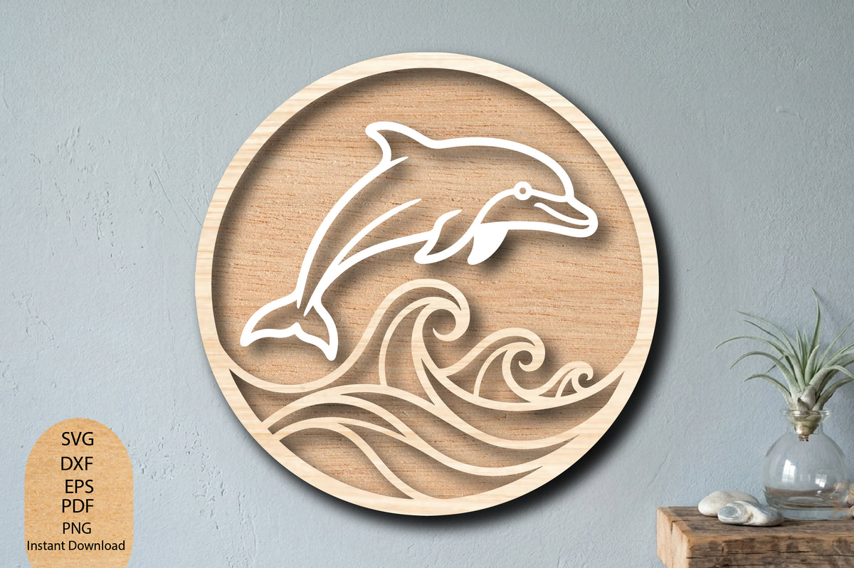 Dolphin Round Wall Decor Laser Cut SVG, Ocean Wave Sea Life Design