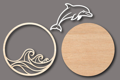 Dolphin Round Wall Decor Laser Cut SVG, Ocean Wave Sea Life Design