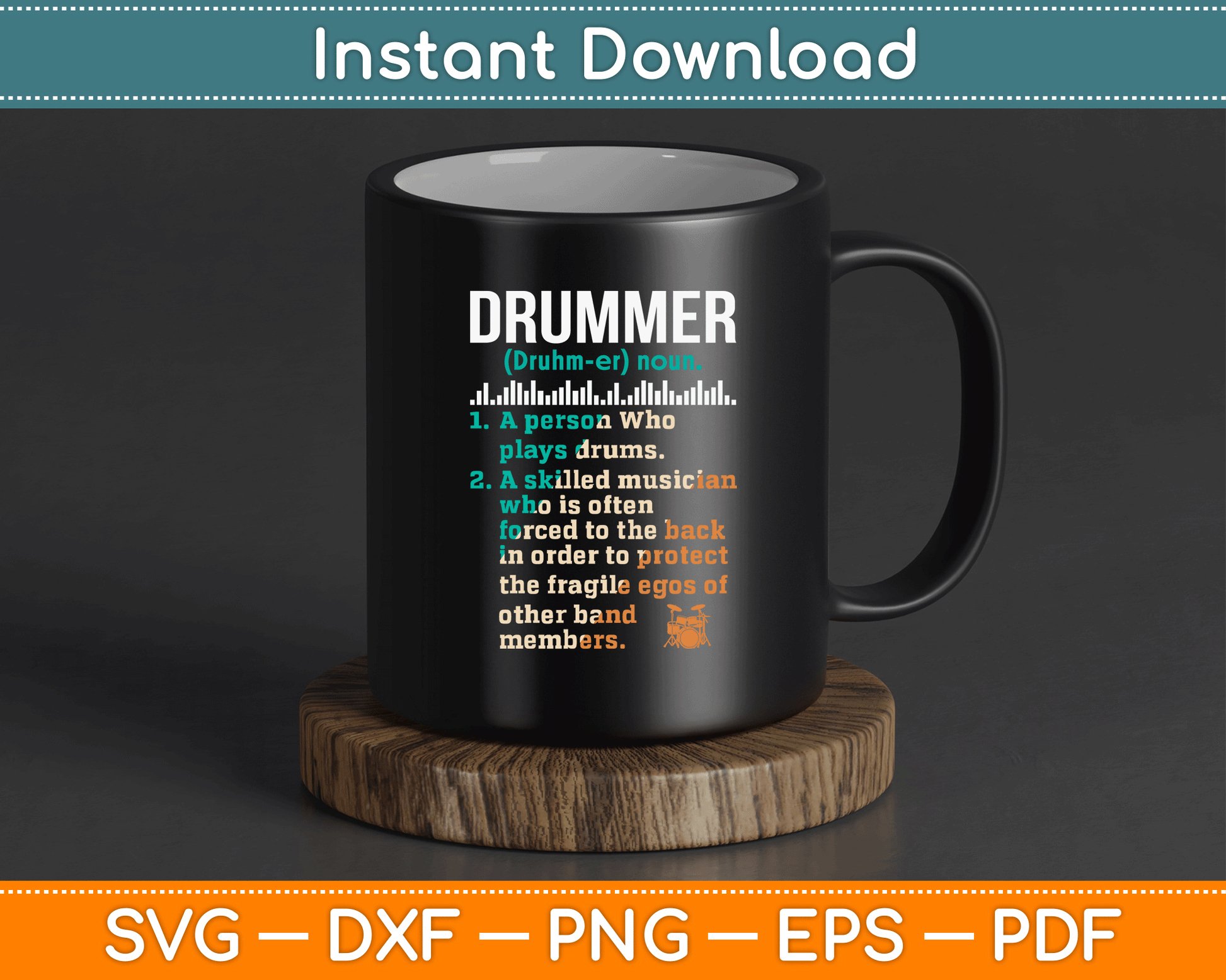 Percussion musician SVG design featuring funny drummer definition saying for drum lovers band members and custom apparel