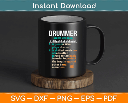 Percussion musician SVG design featuring funny drummer definition saying for drum lovers band members and custom apparel