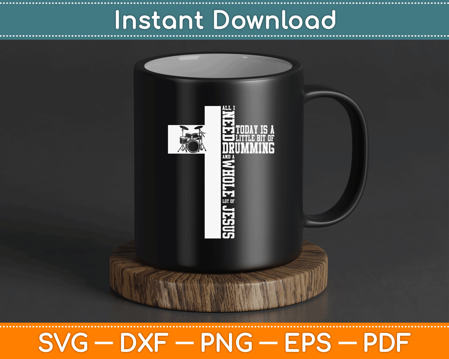 Drum set and cross SVG design for Christian musicians featuring faith based vintage artwork and drummer themed apparel