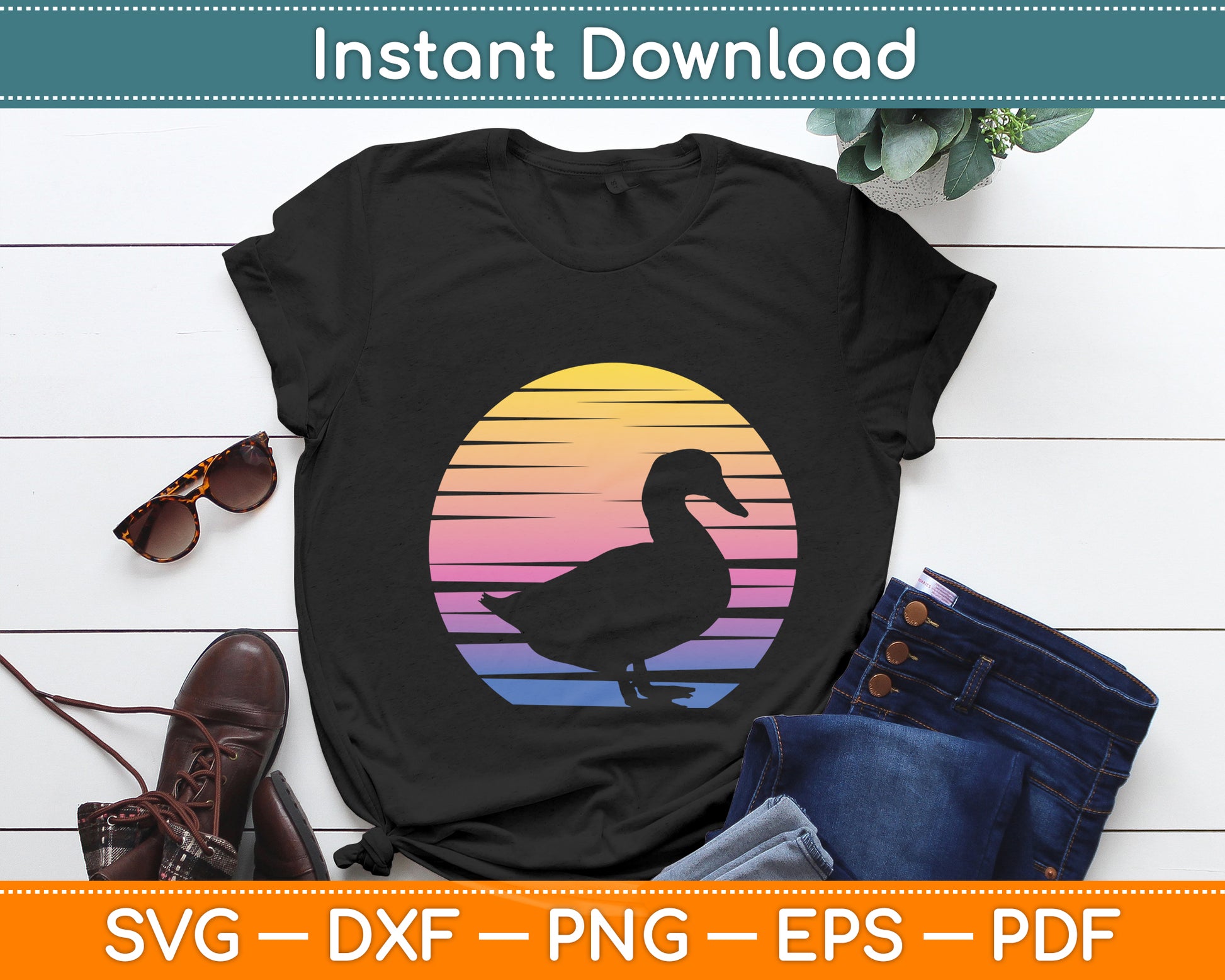 Duck Cute Ducks Retro Vintage Sunset Svg Png Dxf Digital Cutting File