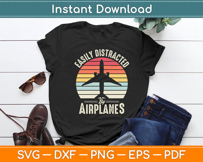 Vintage Easily Distracted By Airplanes Funny Pilot Svg Png Dxf Digital Cutting File