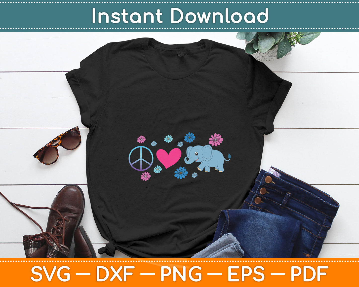 Elephant Peace Love Hippie Gift Rainbow Boho Elephants Svg Digital Cutting File