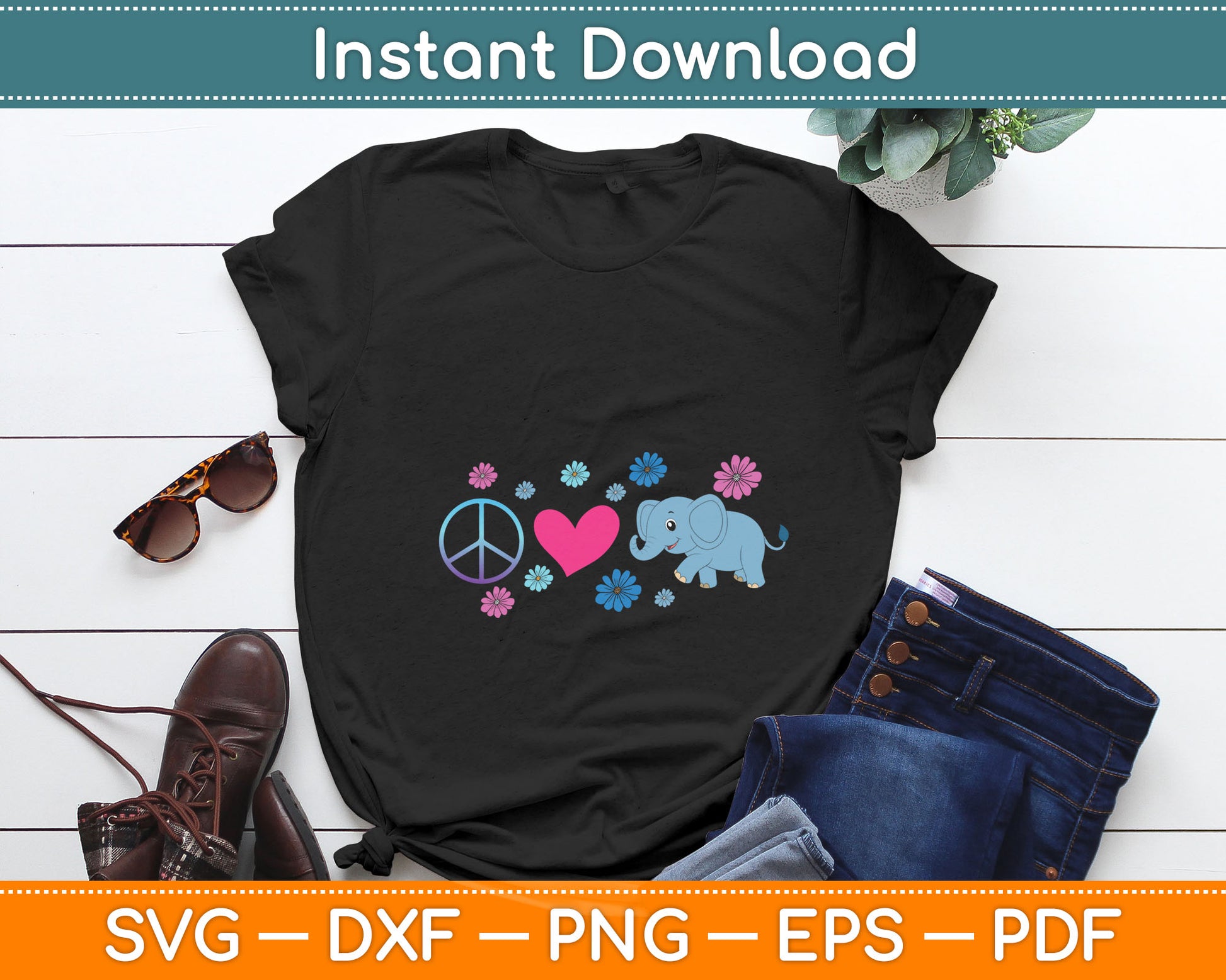 Elephant Peace Love Hippie Gift Rainbow Boho Elephants Svg Digital Cutting File