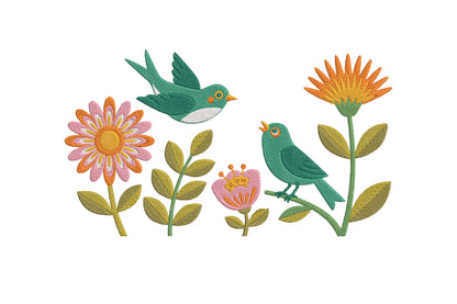 Birds and Colorful Flowers Embroidery Design – Beautiful Floral Bird Machine Embroidery Pattern, Colorful Nature Embroidery Design