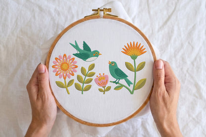 Birds and Colorful Flowers Embroidery Design – Beautiful Floral Bird Machine Embroidery Pattern, Colorful Nature Embroidery Design
