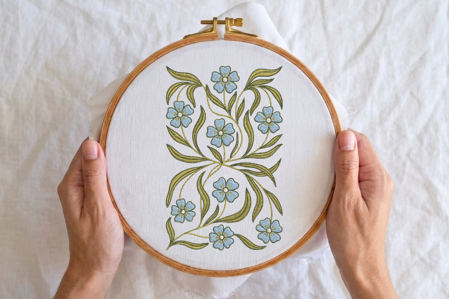 Blue Flowers Embroidery Design – Elegant Blue Floral Machine Embroidery Pattern, Beautiful Flower Embroidery Design
