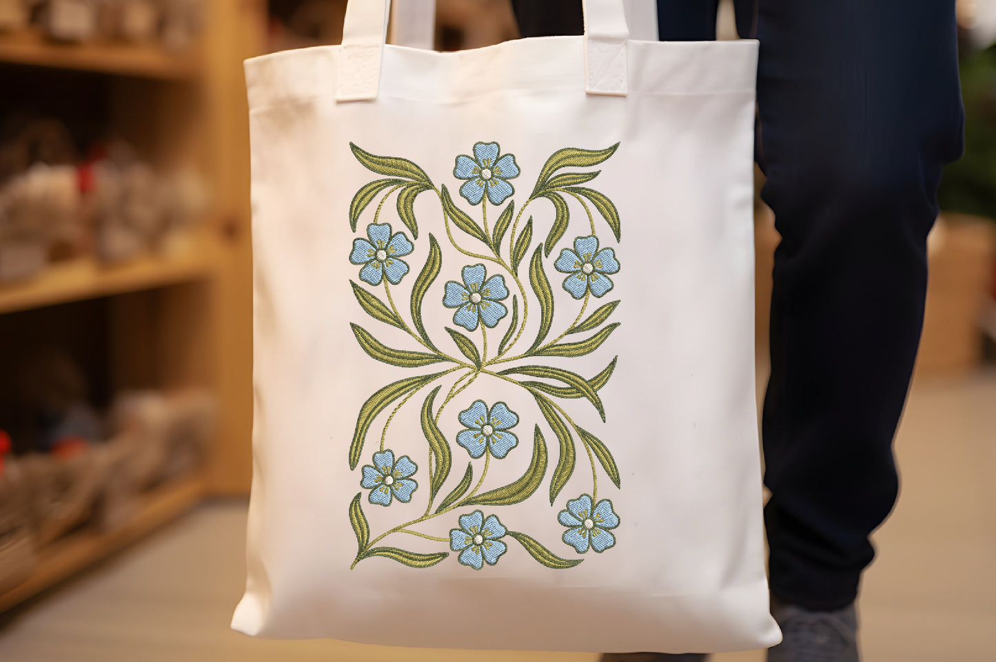 Blue Flowers Embroidery Design – Elegant Blue Floral Machine Embroidery Pattern, Beautiful Flower Embroidery Design