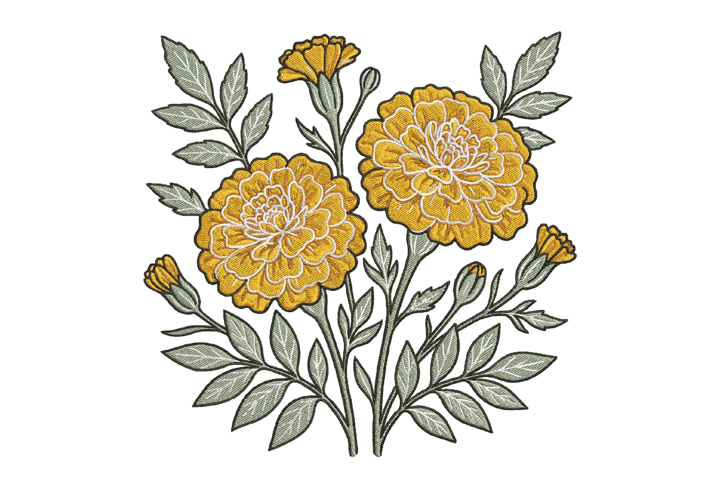 Marigold Flowers Embroidery Design – Beautiful Marigold Floral Machine Embroidery Pattern, Elegant Flower Embroidery Design