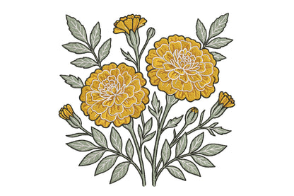 Marigold Flowers Embroidery Design – Beautiful Marigold Floral Machine Embroidery Pattern, Elegant Flower Embroidery Design
