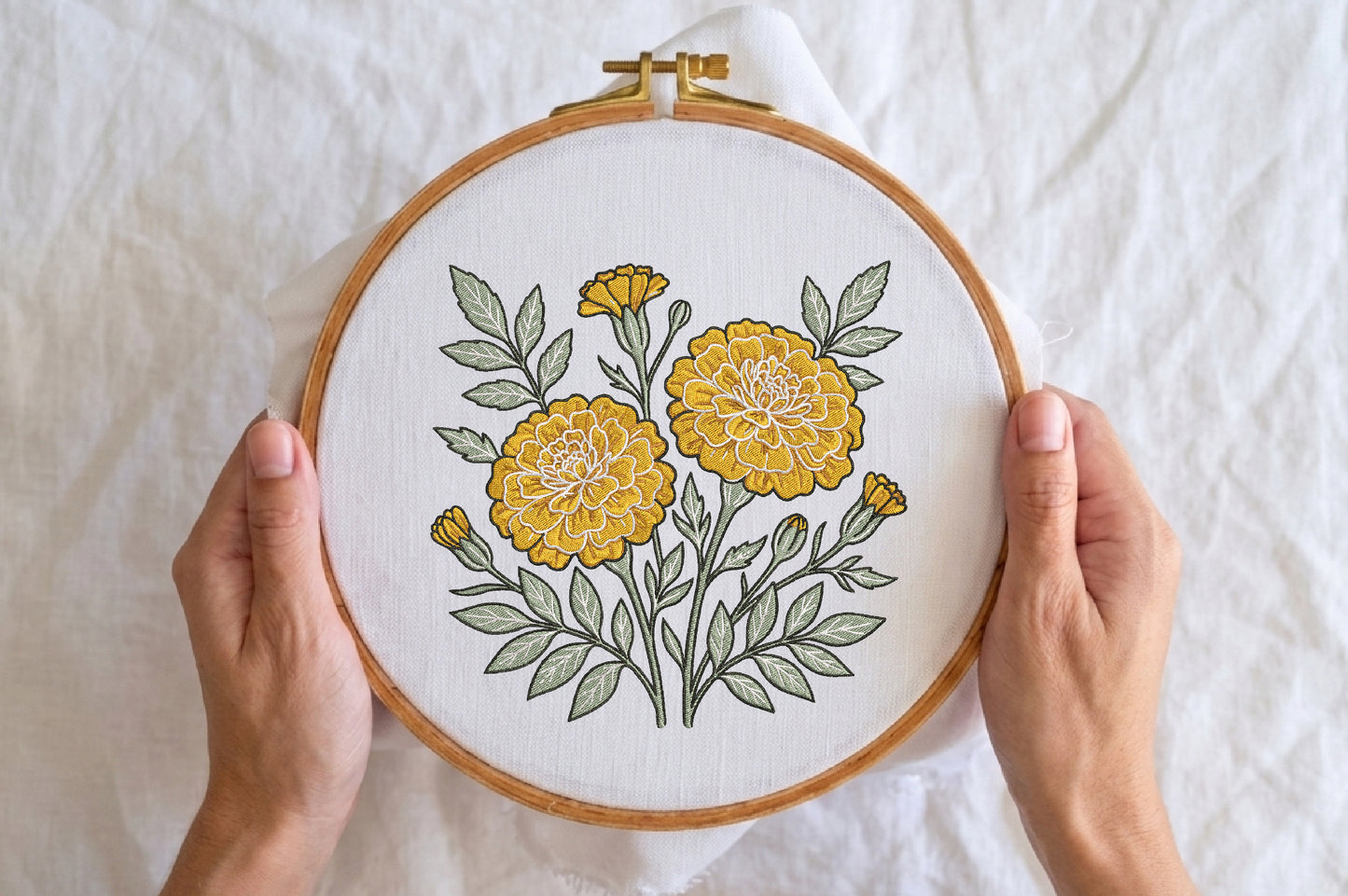 Marigold Flowers Embroidery Design – Beautiful Marigold Floral Machine Embroidery Pattern, Elegant Flower Embroidery Design