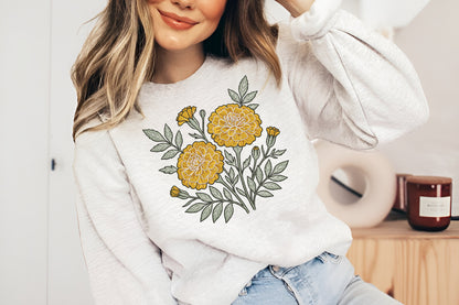 Marigold Flowers Embroidery Design – Beautiful Marigold Floral Machine Embroidery Pattern, Elegant Flower Embroidery Design