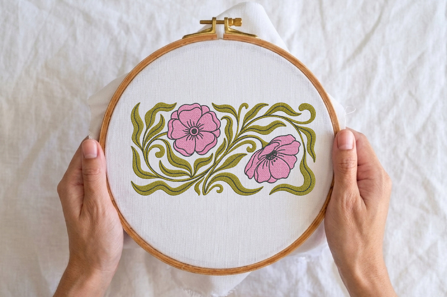Pink Flowers Embroidery Design – Beautiful Pink Floral Machine Embroidery Pattern, Elegant Flower Embroidery Design