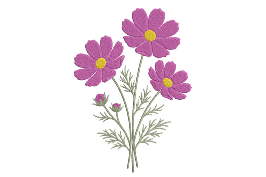 Purple Cosmos Flowers Embroidery Design – Beautiful Cosmos Floral Machine Embroidery Pattern, Elegant Purple Flower Embroidery Design