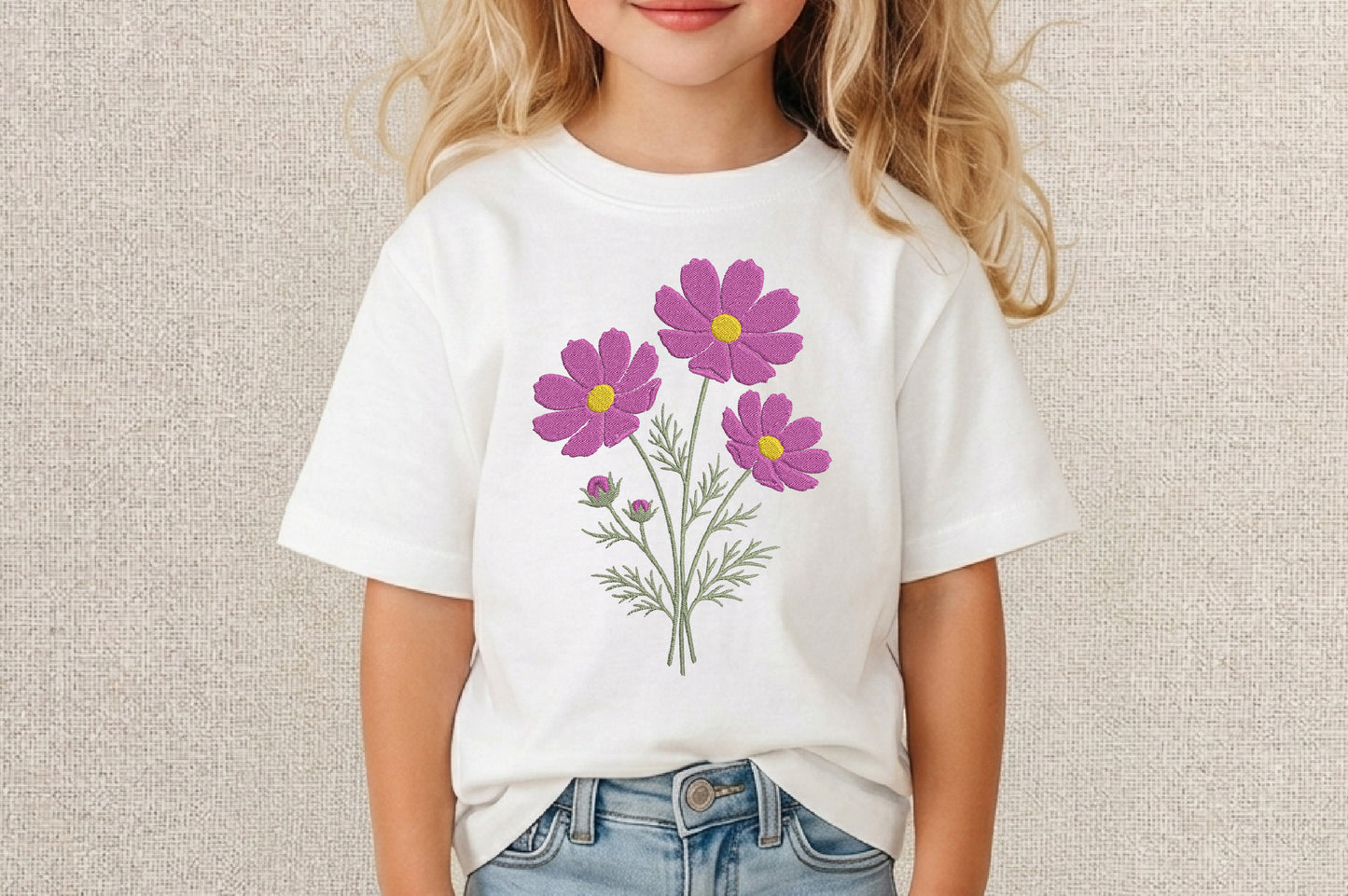 Purple Cosmos Flowers Embroidery Design – Beautiful Cosmos Floral Machine Embroidery Pattern, Elegant Purple Flower Embroidery Design