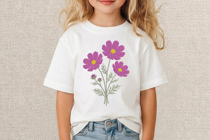 Purple Cosmos Flowers Embroidery Design – Beautiful Cosmos Floral Machine Embroidery Pattern, Elegant Purple Flower Embroidery Design