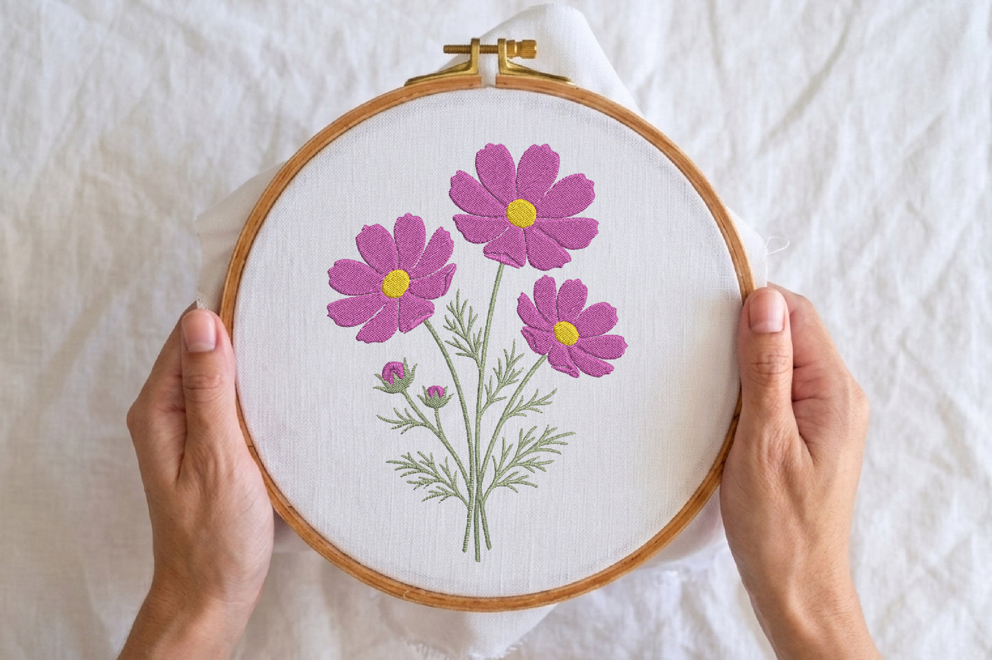 Purple Cosmos Flowers Embroidery Design – Beautiful Cosmos Floral Machine Embroidery Pattern, Elegant Purple Flower Embroidery Design