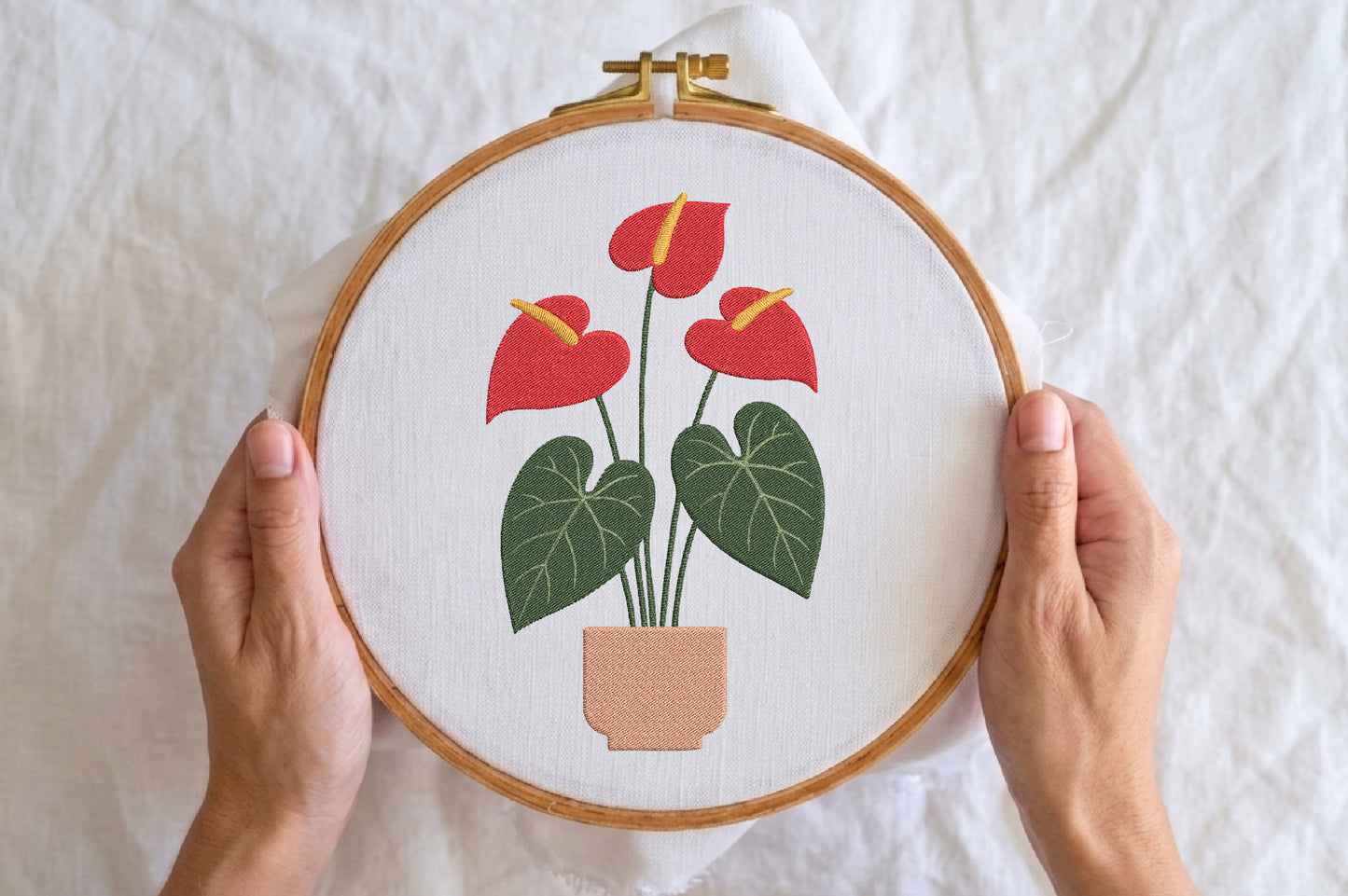 Red Anthurium Plant Embroidery Design – Beautiful Anthurium Flower Machine Embroidery Pattern, Tropical Botanical Embroidery Design