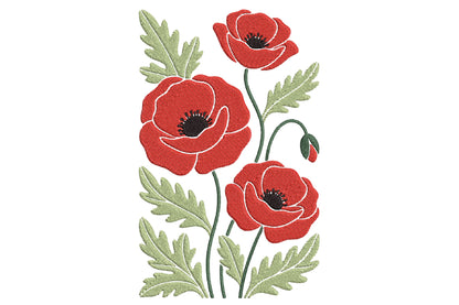 Red Poppies Flowers Embroidery Design – Beautiful Red Poppy Floral Machine Embroidery Pattern, Elegant Flower Embroidery Design