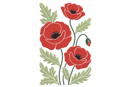 Red Poppies Flowers Embroidery Design – Beautiful Red Poppy Floral Machine Embroidery Pattern, Elegant Flower Embroidery Design