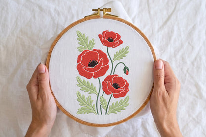 Red Poppies Flowers Embroidery Design – Beautiful Red Poppy Floral Machine Embroidery Pattern, Elegant Flower Embroidery Design