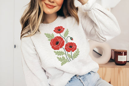Red Poppies Flowers Embroidery Design – Beautiful Red Poppy Floral Machine Embroidery Pattern, Elegant Flower Embroidery Design