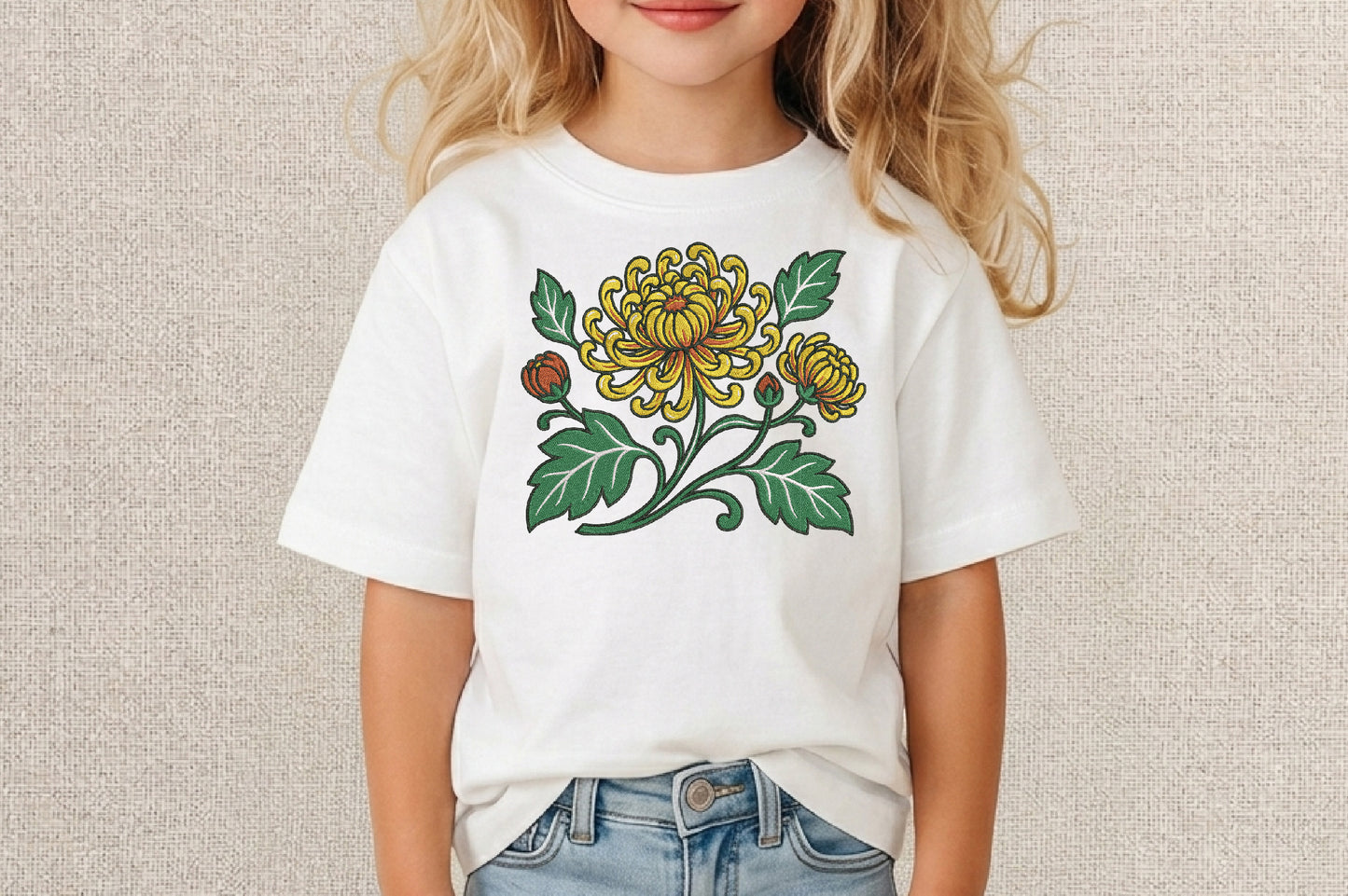 Yellow Chrysanthemum Embroidery Design – Beautiful Chrysanthemum Machine Embroidery Pattern, Elegant Yellow Floral Embroidery Design