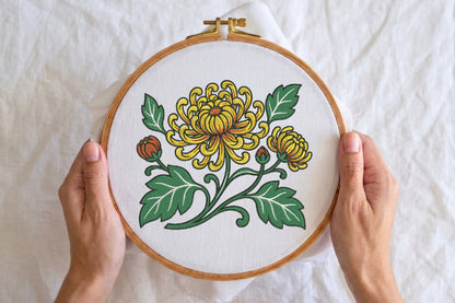 Yellow Chrysanthemum Embroidery Design – Beautiful Chrysanthemum Machine Embroidery Pattern, Elegant Yellow Floral Embroidery Design