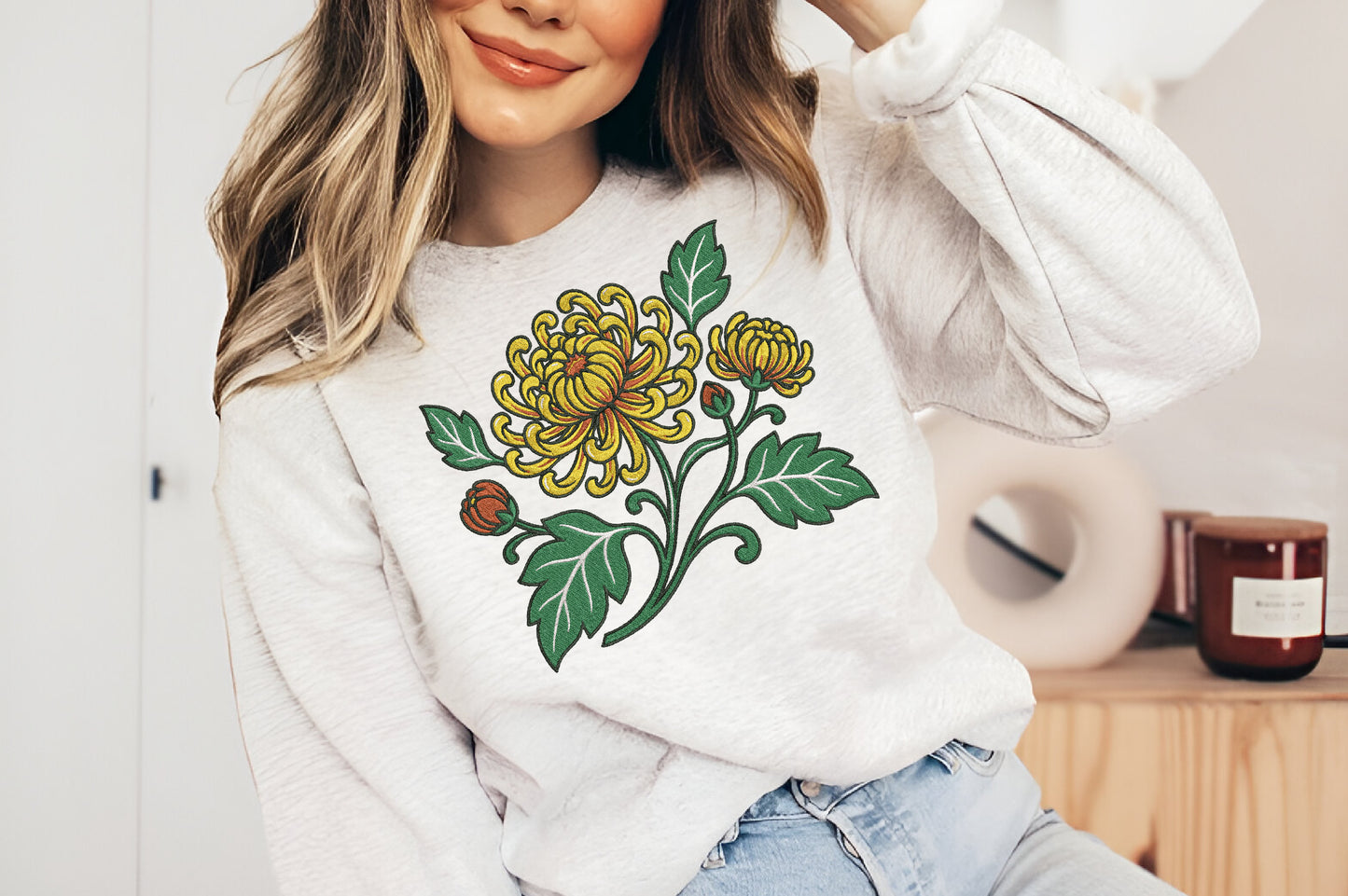 Yellow Chrysanthemum Embroidery Design – Beautiful Chrysanthemum Machine Embroidery Pattern, Elegant Yellow Floral Embroidery Design