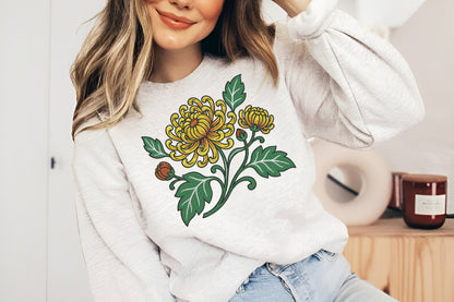 Yellow Chrysanthemum Embroidery Design – Beautiful Chrysanthemum Machine Embroidery Pattern, Elegant Yellow Floral Embroidery Design