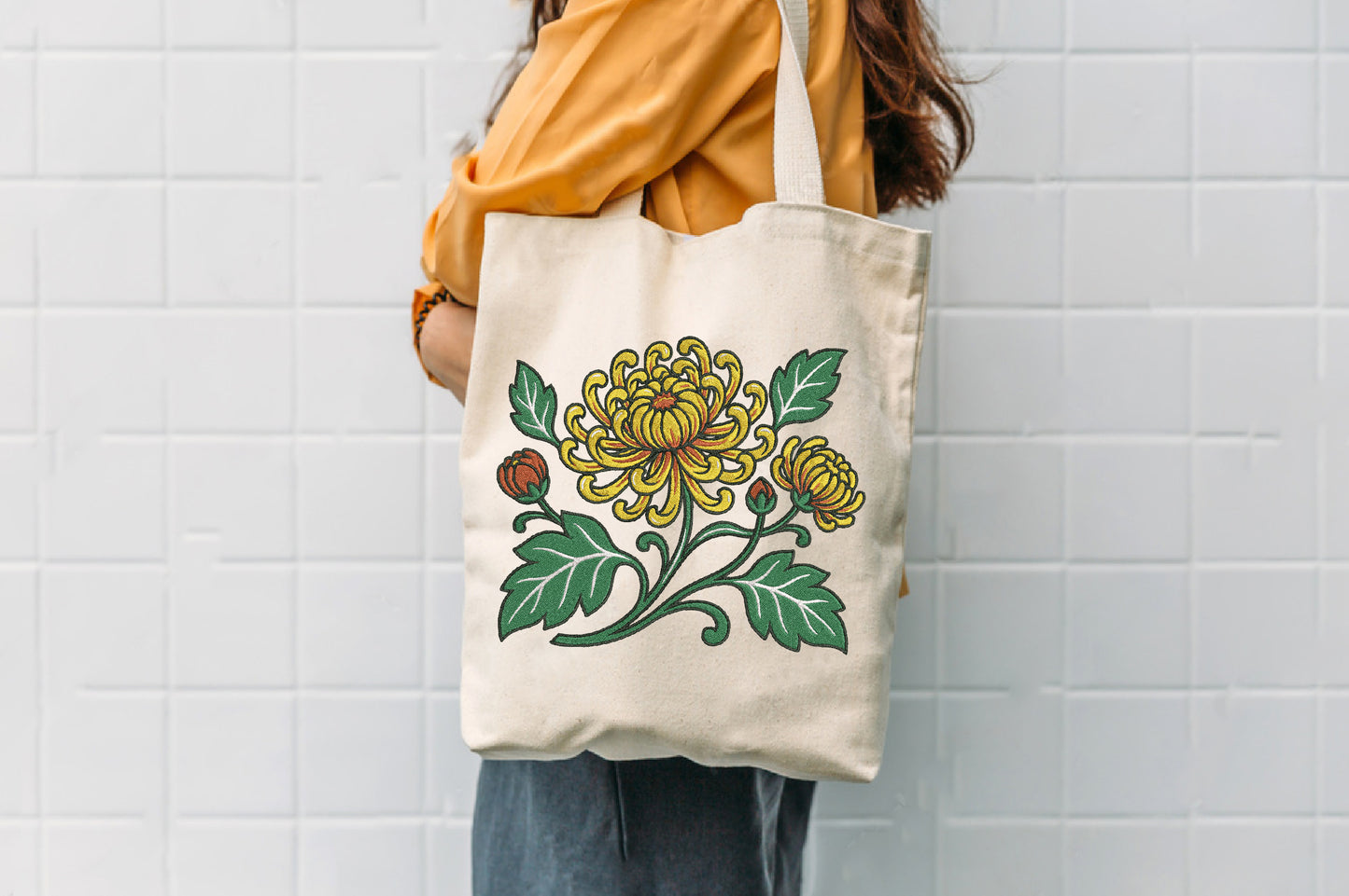 Yellow Chrysanthemum Embroidery Design – Beautiful Chrysanthemum Machine Embroidery Pattern, Elegant Yellow Floral Embroidery Design